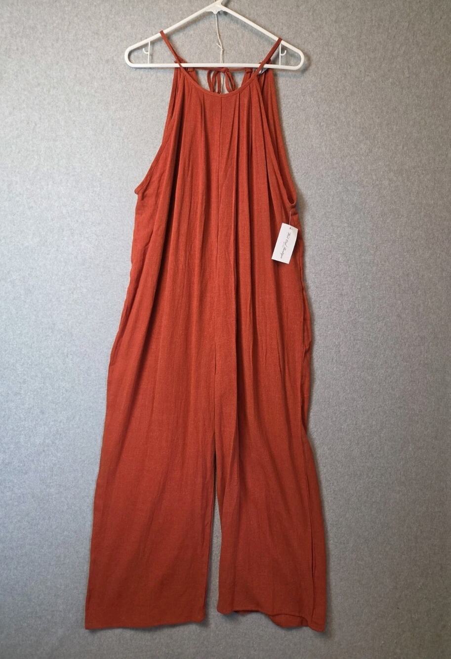 NWT Charlotte Avery Linen Blend Rust Orange Halter Neck Wide Leg Jumpsuit Size L